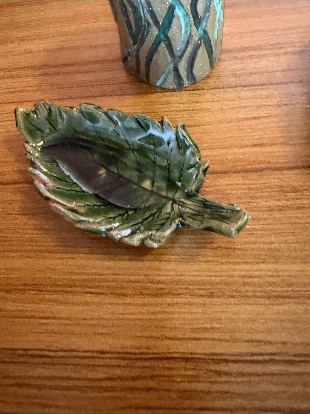 Vintage Studio Art Pottery 3pc Set Palm Tree Trinket Dish Cup Leaf Signed MKK